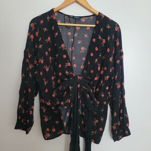 Zara Romantic Ditsy Floral Wrap Style Tie Front Blouse Black Pink Rose Size L
